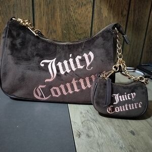 Juicy Couture Brown Velvet Logo Shoulder Bag with Gold Chain